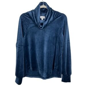 Evereve Size Medium Blue Velour Cowl Neck Long Sleeve Pullover Top Cozy Holiday